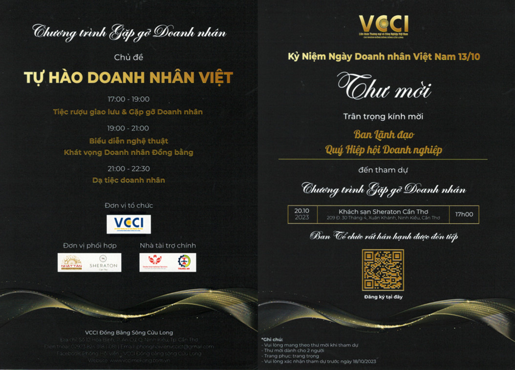 THƯ MỜI DOANH NGHIỆP LONG AN THAM DỰ " KỶ NIỆM NGÀY DOANH NHÂN VIỆT NAM 13/10" CỦA VCCI - CHI NHÁNH CẦN THƠ