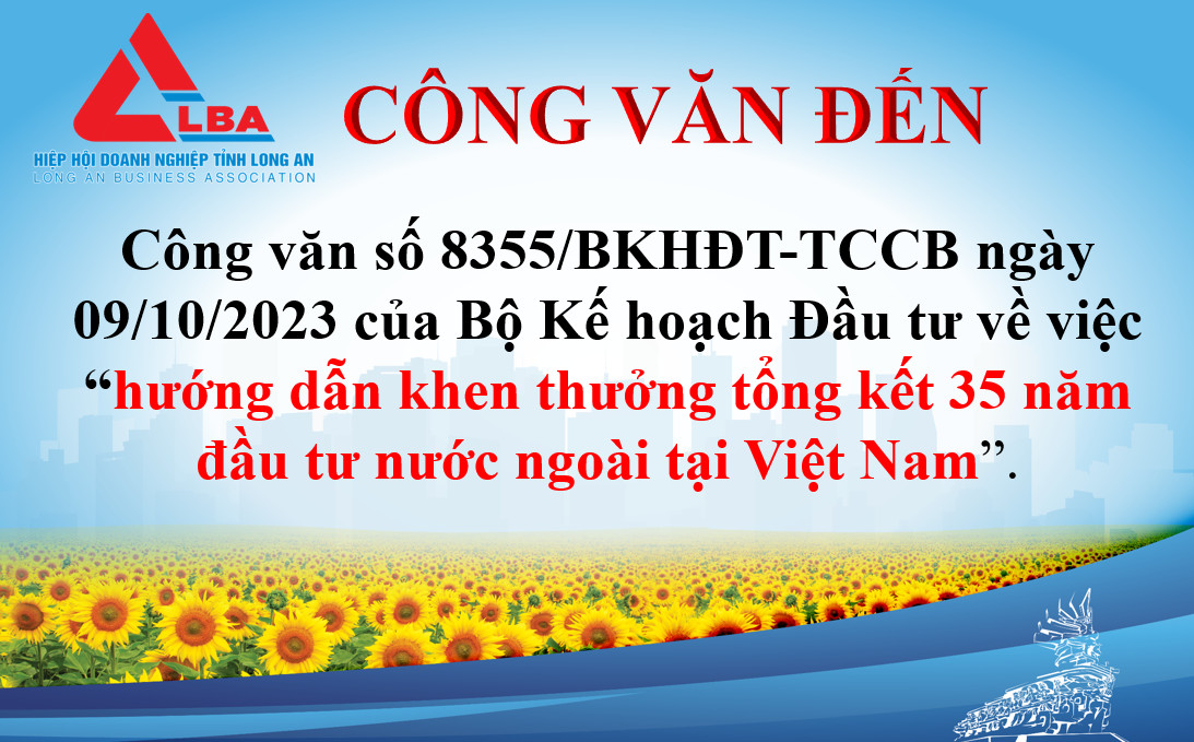 CÔNG VĂN SỐ 8355/BKHĐT-TCCB NGÀY 09/10/2023 VỀ VIỆC HƯỚNG DẪN KHEN THƯỞNG TỔNG KẾT 35 NĂM ĐẦU TƯ NƯỚC NGOÀI TẠI VIỆT NAM